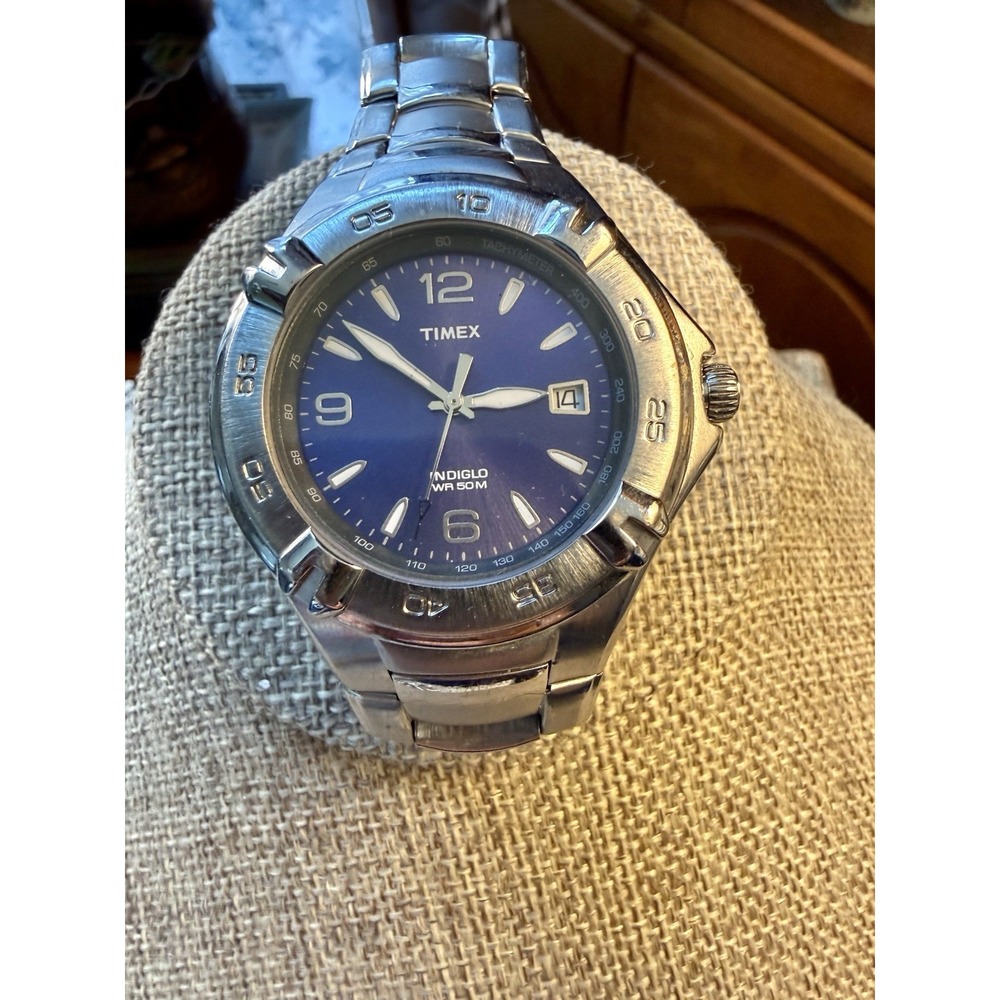 Timex Mens Watch Silver Tone Date Rotating Bezel Indiglo WR 50M T28812